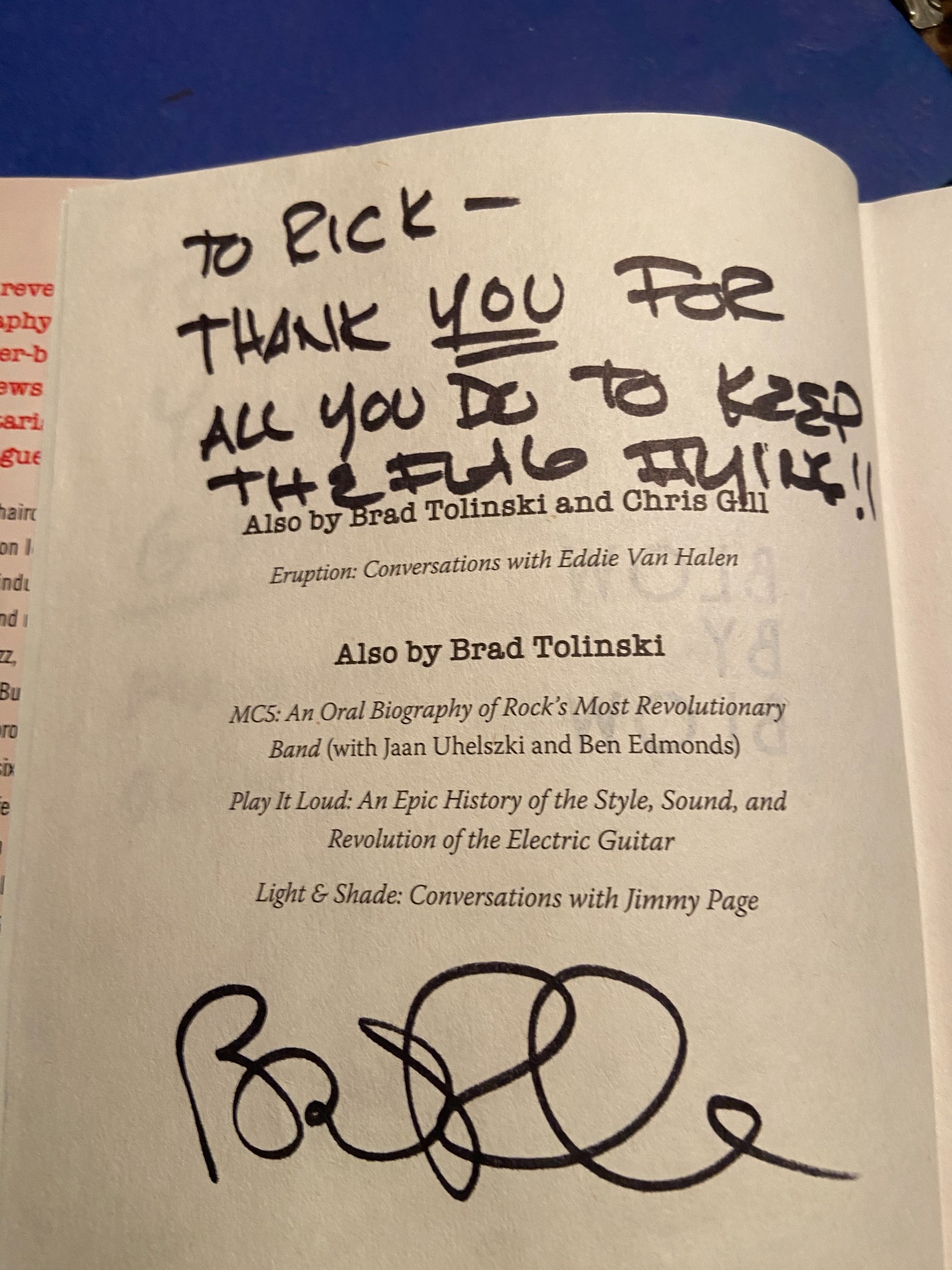 Signed message from Brad Tolinski thanking Rick for helping keep Jeff's music alive