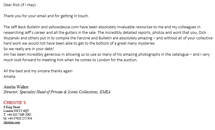 Thank-you letter from Amelia Walker of Christie's
