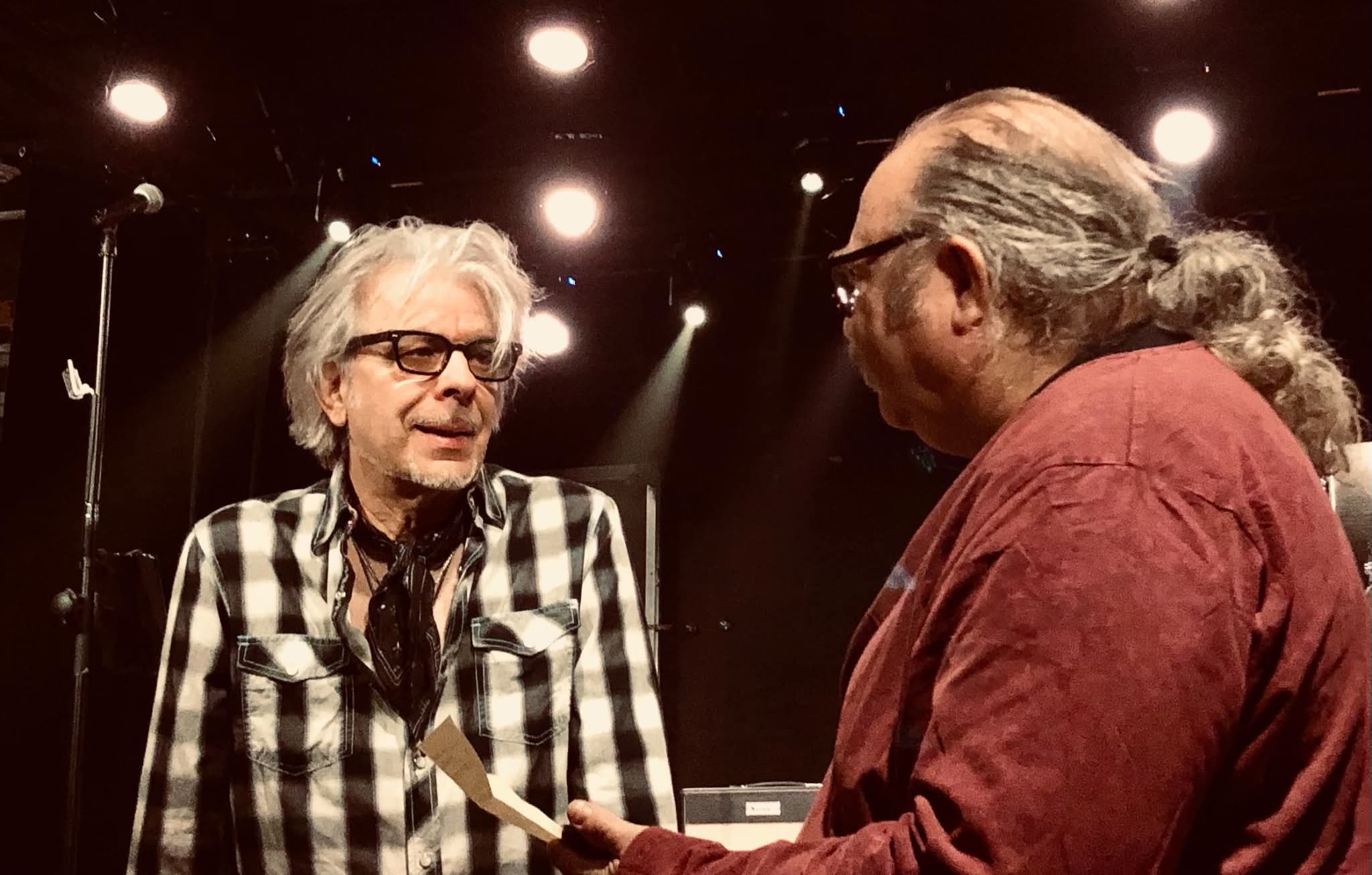 Johnny A. speaking with Bill Toabe after the Jeff Beck Tribute Show